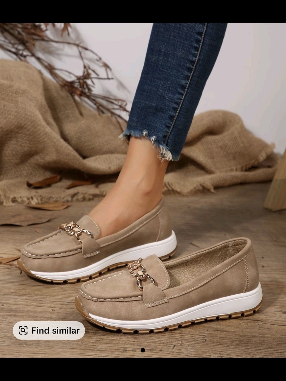 Women's Taupe Slip-On Loafer with Gold Chain Accent